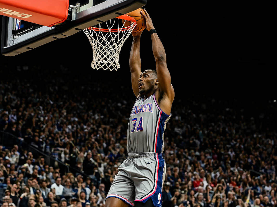 NBA比赛中球员高高跃起扣篮,全场观众为之沸腾